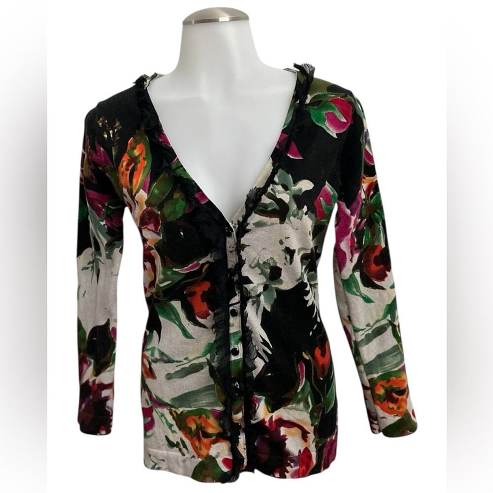Anthropologie Charlotte Tarantola Cardigan Medium Floral print with Tulle detail